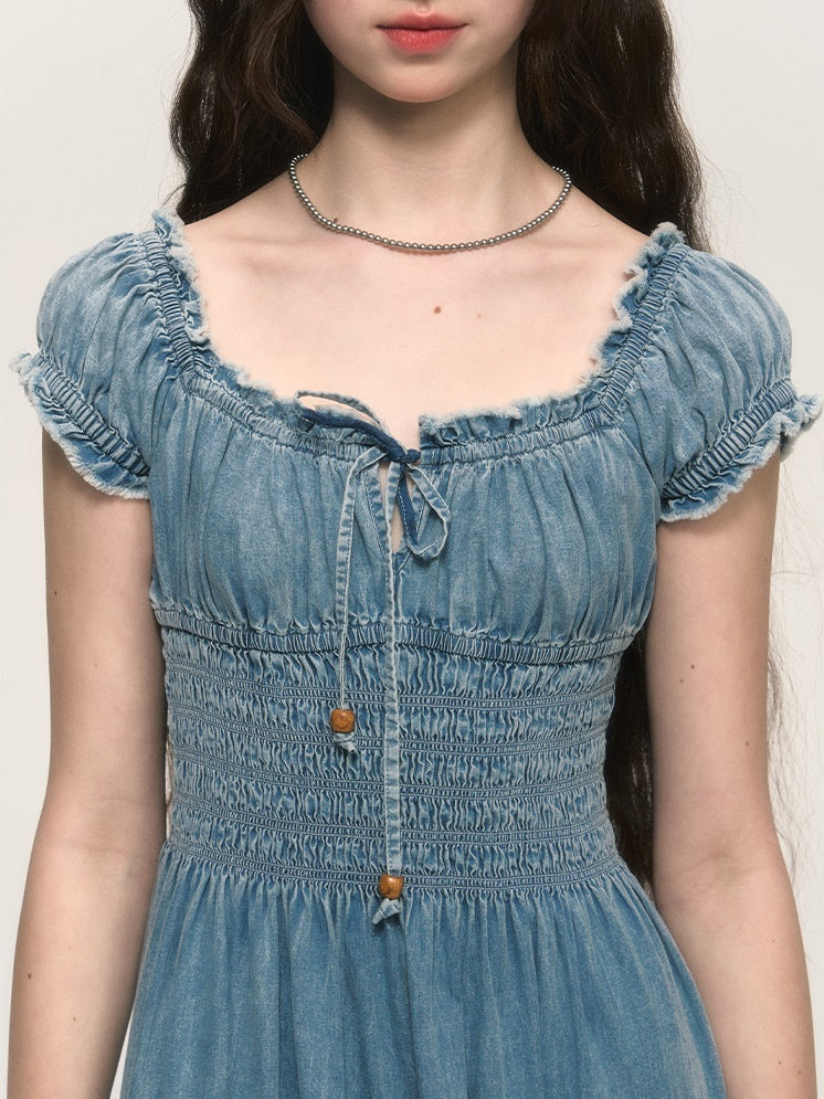 Retro Shirring Waist Washed Denim Puff Sleeve One-piece