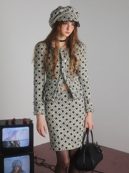 Polka Dot Tweed No-Collar Jacket &amp; Skirt