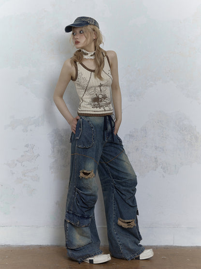 Washed Old Loose Wide-leg Denim Pants