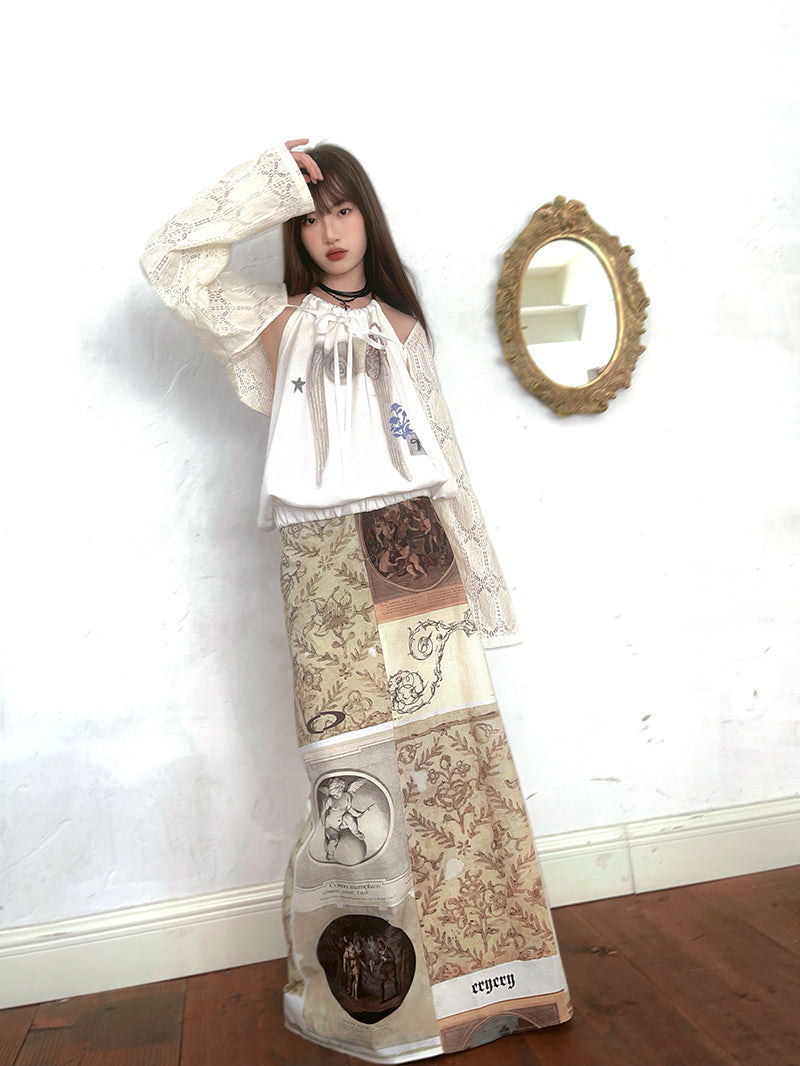 Oil Painting Angel Print Long Skirt