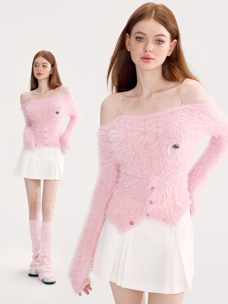 Fluffily Off-Shoulder Strap Mohair-Knit