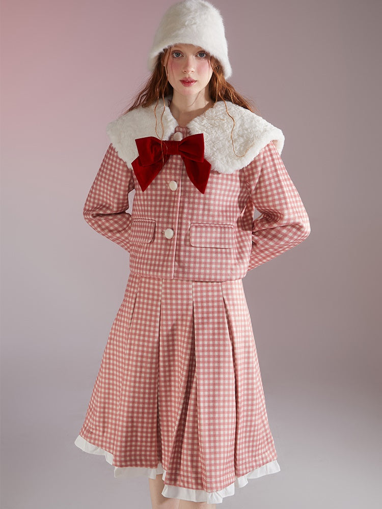 Retro Gingham Plaid Big Collar Jacket ＆ Pleated Skirt