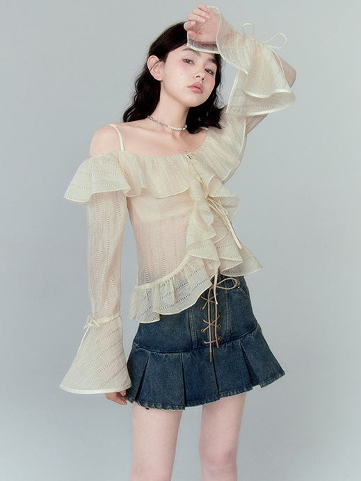 Trumpet Sleeve One Shoulder Lotus Leaf Chiffon Shirt