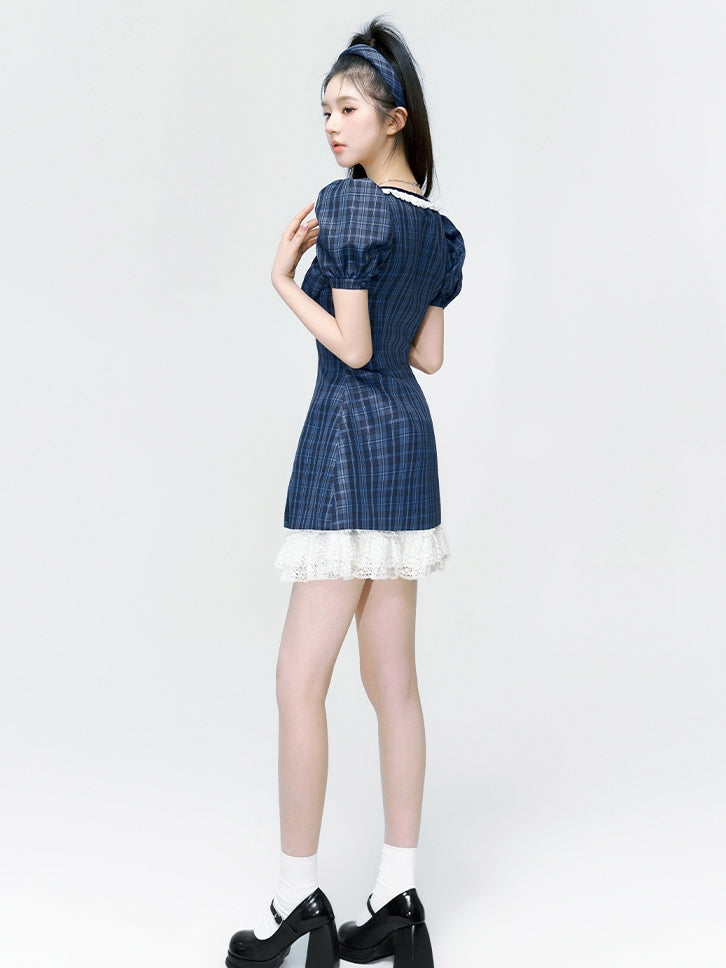 Puff-Sleeves Lace Girly Checked ONE-PIECE