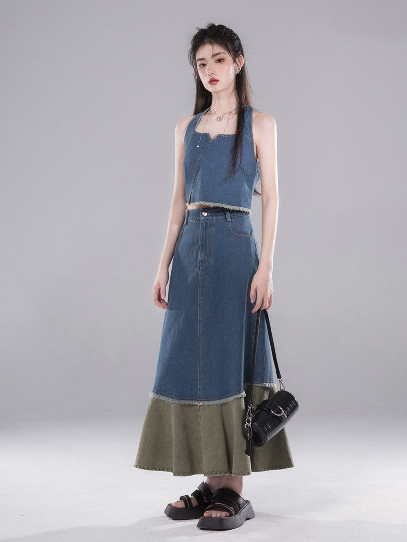 Denim Halter Neck Vest &amp; Fishtail Skirt Set-up