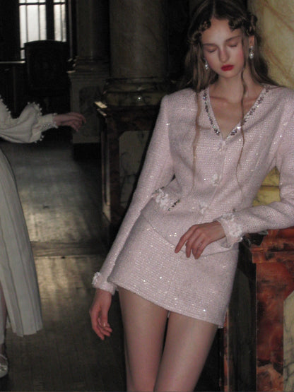 V-neck Sparkling Tweed Jacket＆ Short Pants