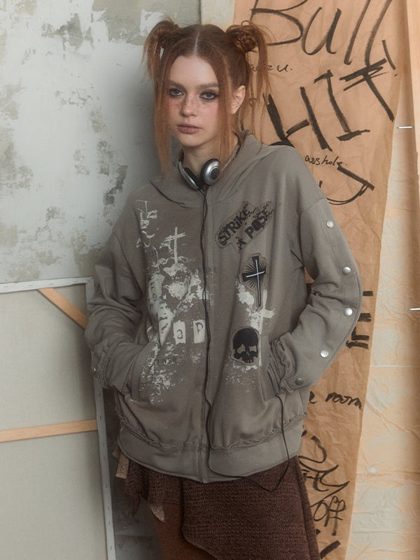 Print Collage Design Gray Loose Hooded Parka