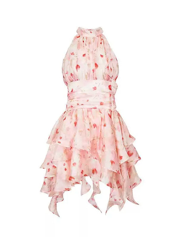 Petal Print Irregular Tulle Sleeveless Fairy Dress