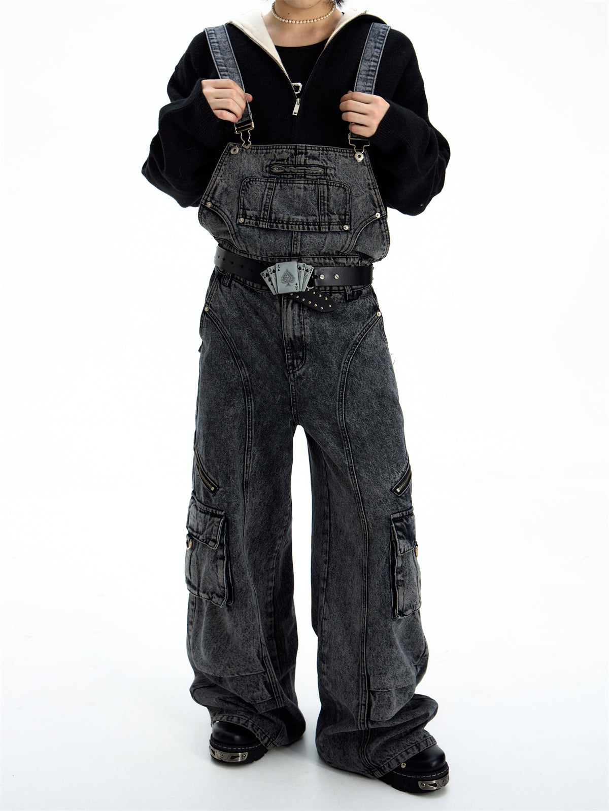 Retro Suspender Design Stitching Denim Pants