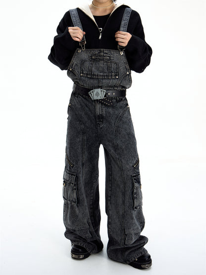 Retro Suspender Design Stitching Denim Pants