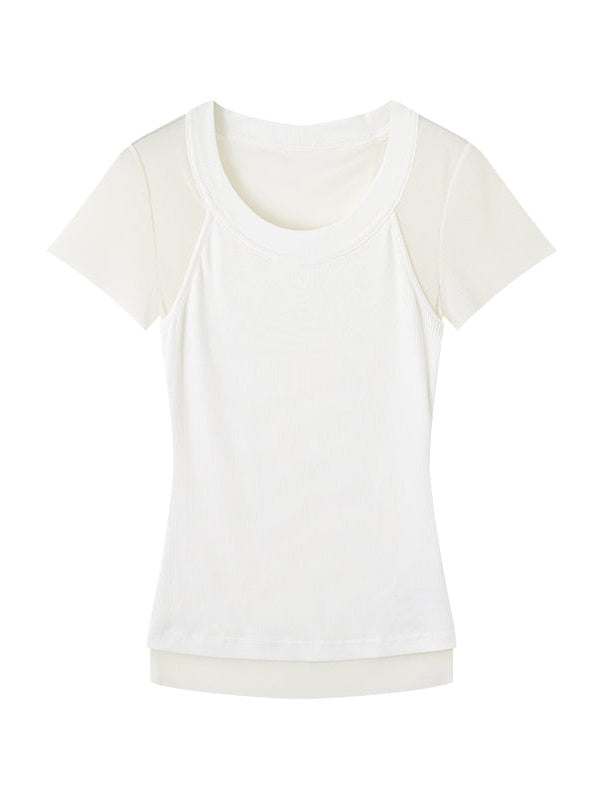 Asymmetric Double Layer Short-sleeved T-shirt