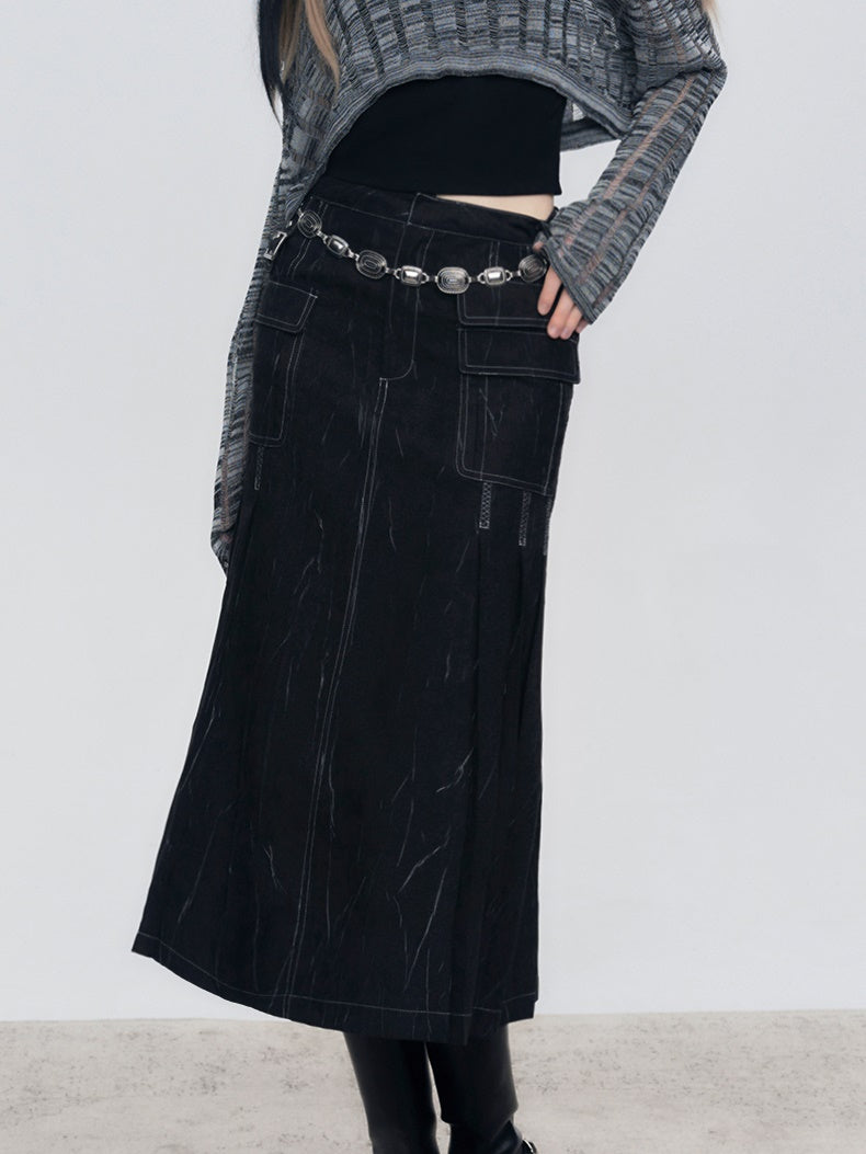 Wrinkle Texture Pleated Pocket Skirt