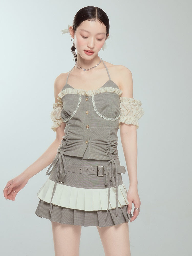 Halter Neck Suspender Top &amp; Short Pleated Cake Skirt