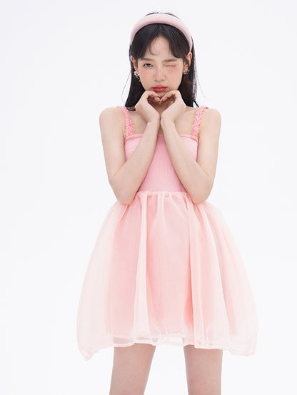 Splicing High Waist Tulle Suspender Dress