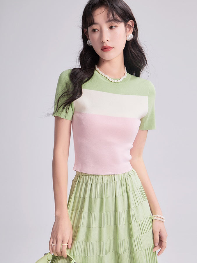 Contrast Border Short-sleeved Knitted Top