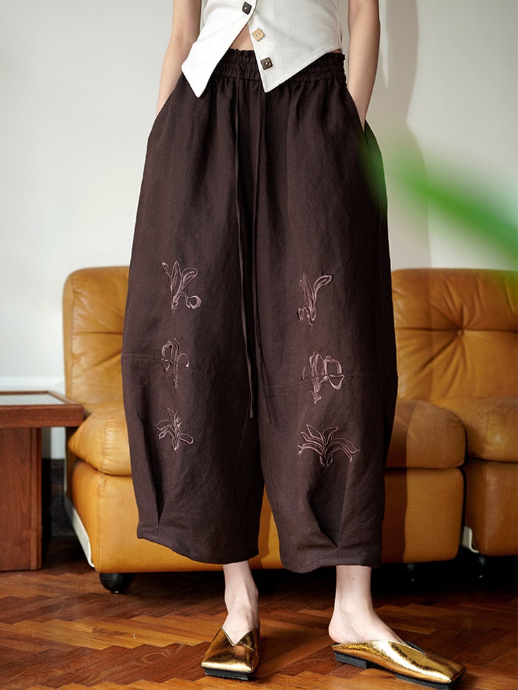 Embroidery Loose Bloomers Wide Leg Pants