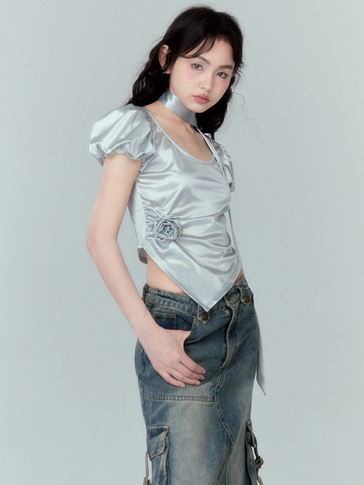 Wrinkled Bud Sleeve Short-sleeved Satin Top