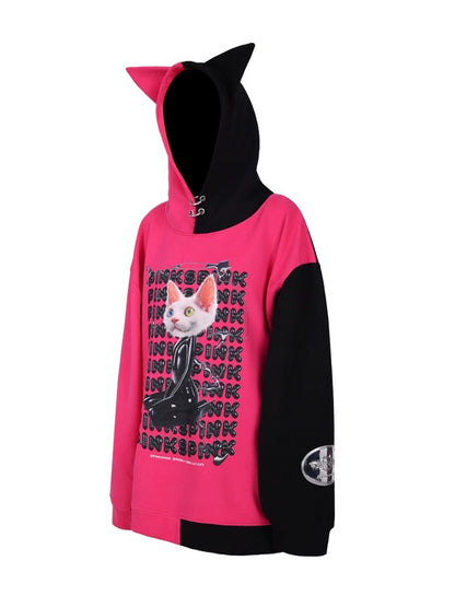 Cat Ear Impact Print Hooded Loose Pullover