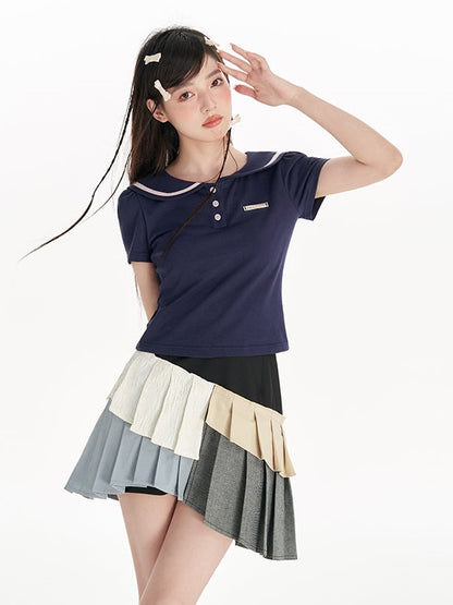 Navy Collar Puff Sleeve T-Shirt