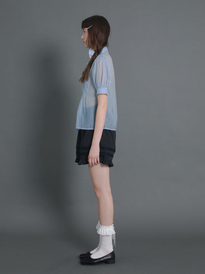 Pin Tuck Puff Sleeve Sheer Blue Shirt