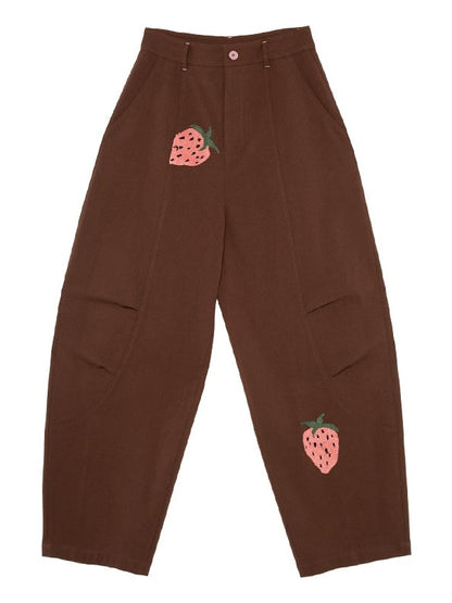 Pantalon lâche brodé de fraises rétro