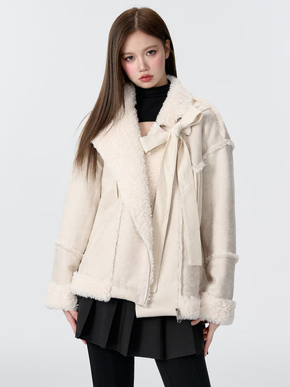 Ribbon Accent Fur Motorcycle Jacket