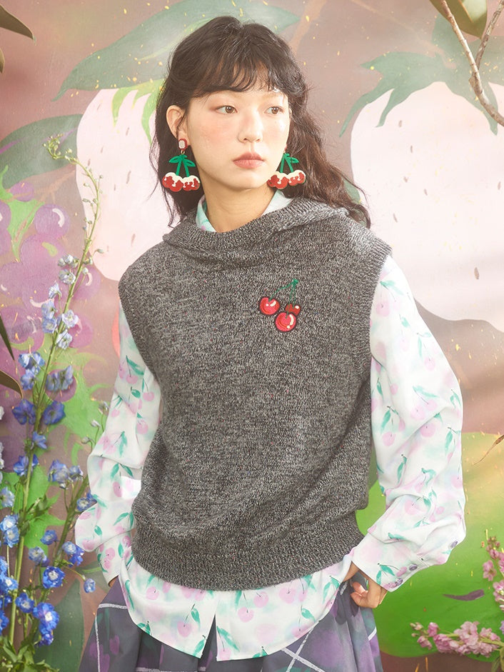 Cherry Embroidered Hooded Knitted Vest