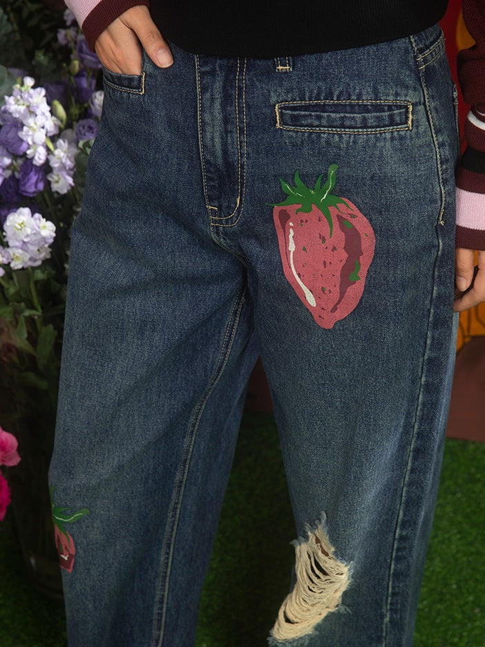 Strawberry Printed Old Ripped Washed Loose Denim