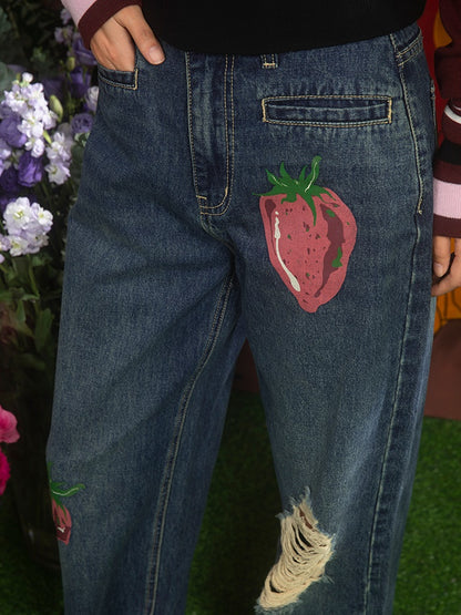 Strawberry Printed Old Ripped Washed Loose Denim