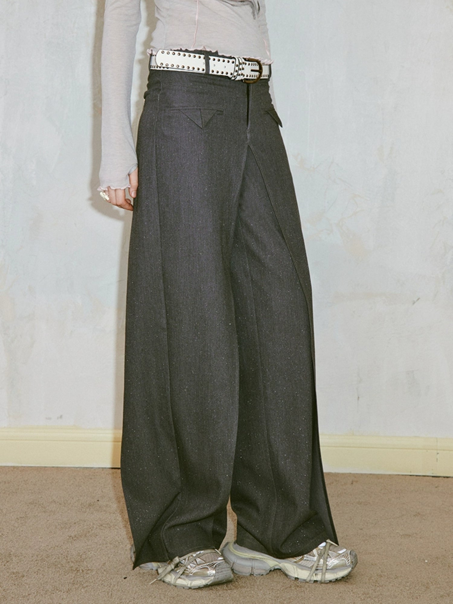 3D Deconstructed Loose-leaf Irregular Shiny Wide-leg Banana Pants