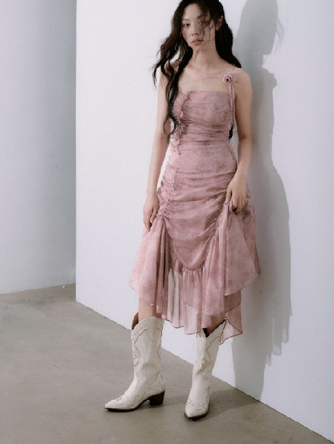 Rose Asymmetrical Wrinkled Suspender Dress