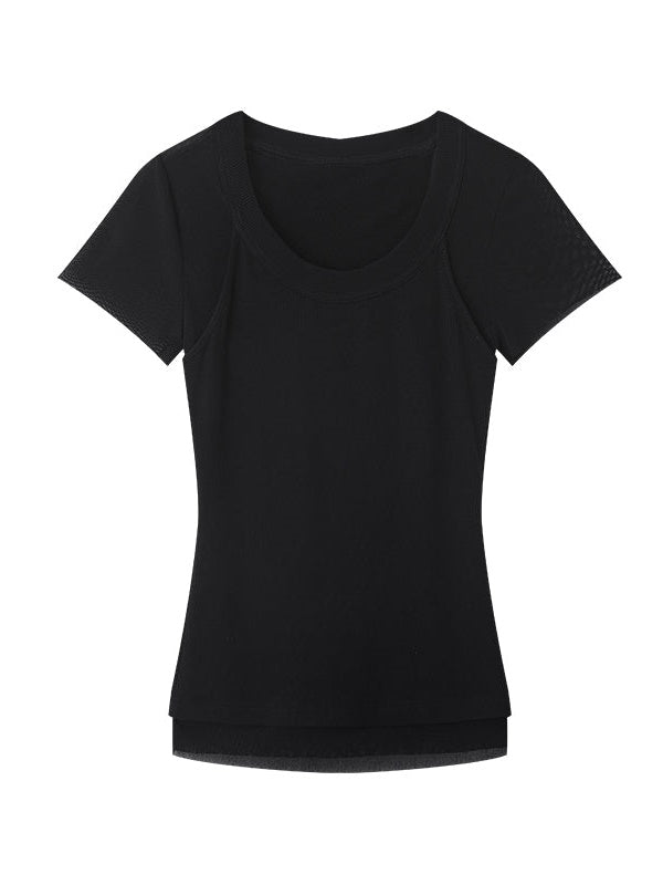 Asymmetric Double Layer Short-sleeved T-shirt