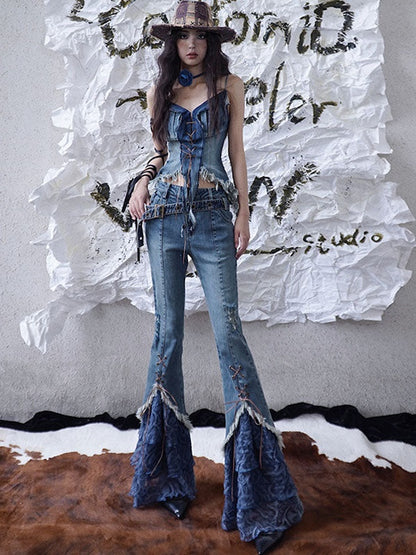 Splicing Lace-Up Flare Jeans