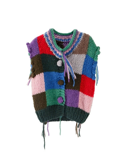 Patchwork Color Knitted Vest Cardigan