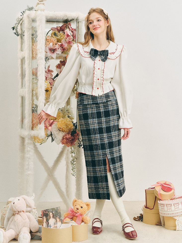 Checked I-Line Slit Mid-Length Skirt &amp; Ribbon