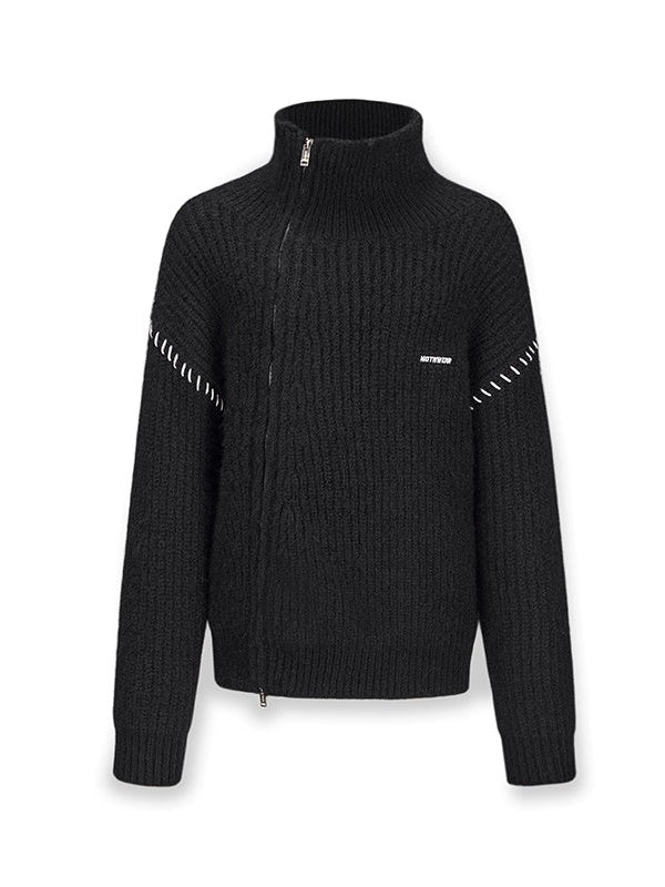 이중 Zip High Neck Knitted Jacket