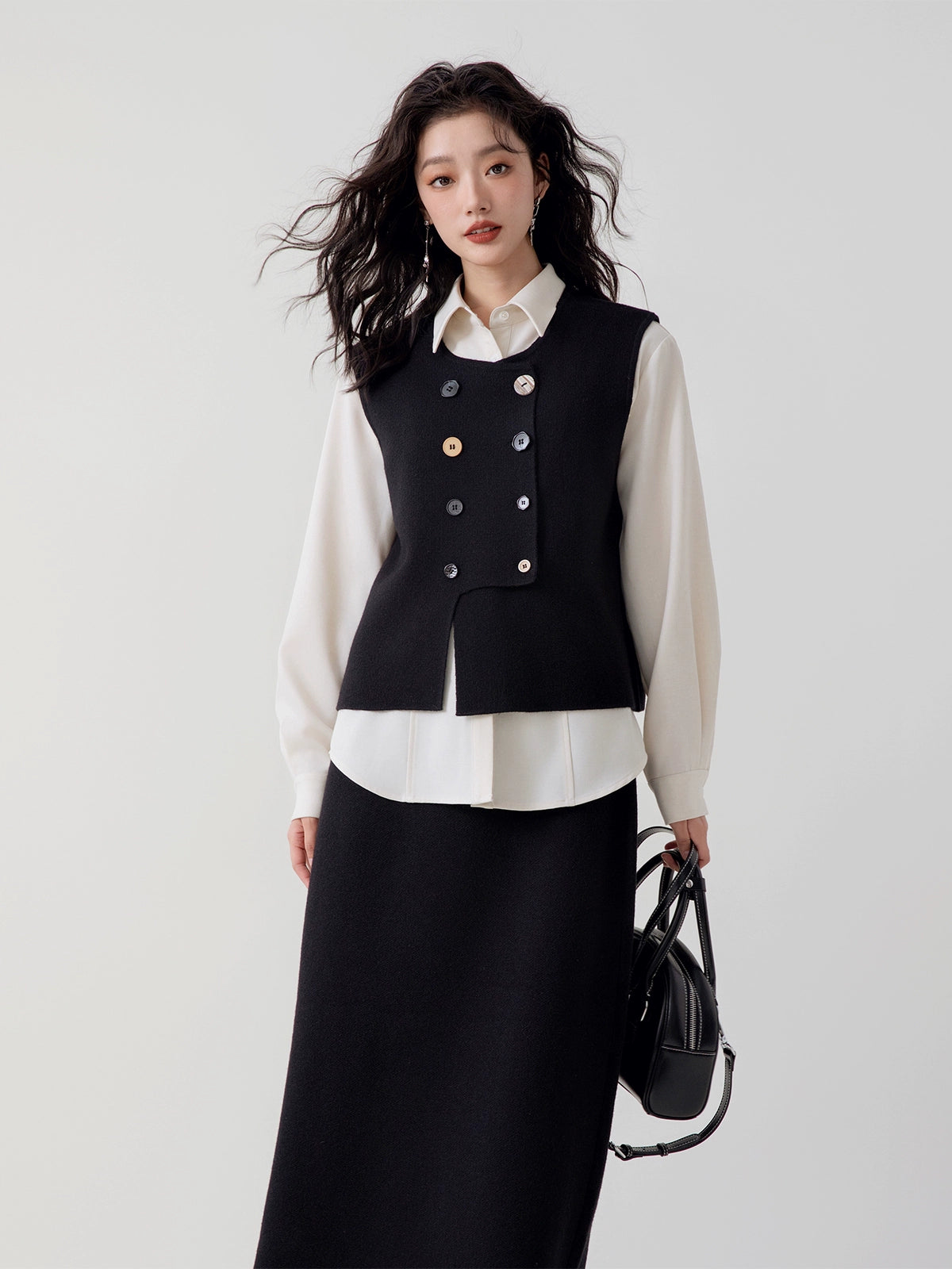 Irregular Design Vest ＆ Skirt ＆ Half-High Neck Shirt