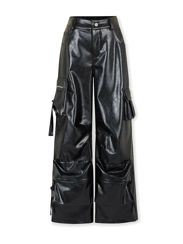 PU Leather Wide-leg Cargo Pants