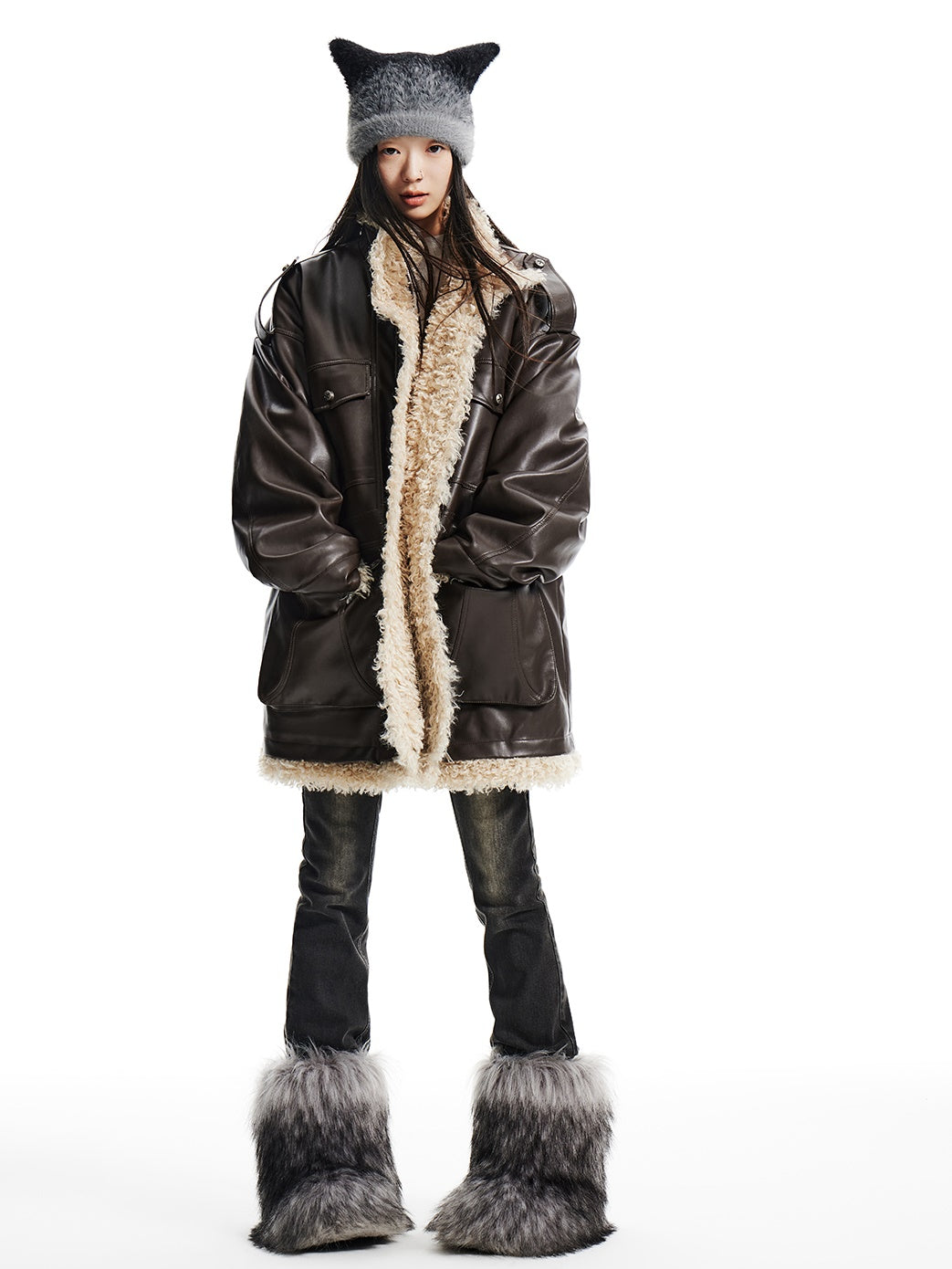 Curly Fur Splicing PU Leather Work Half Coat