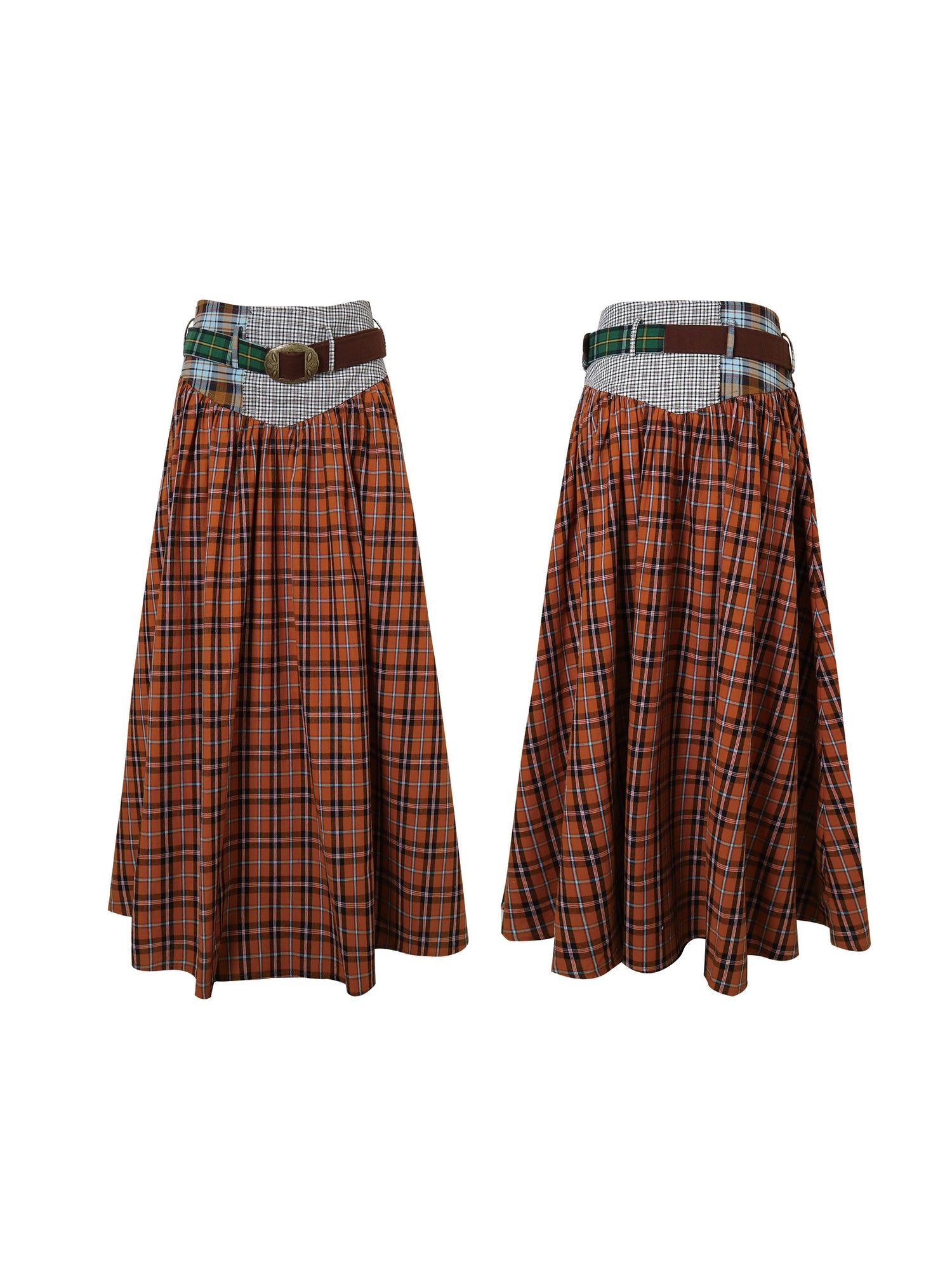 Retro Plaid Stitching Long Skirt With Belt