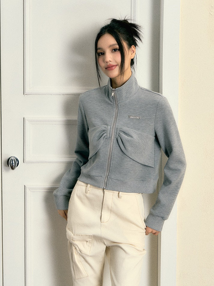 Ribbon Design Stand Collar Sweat Jacket