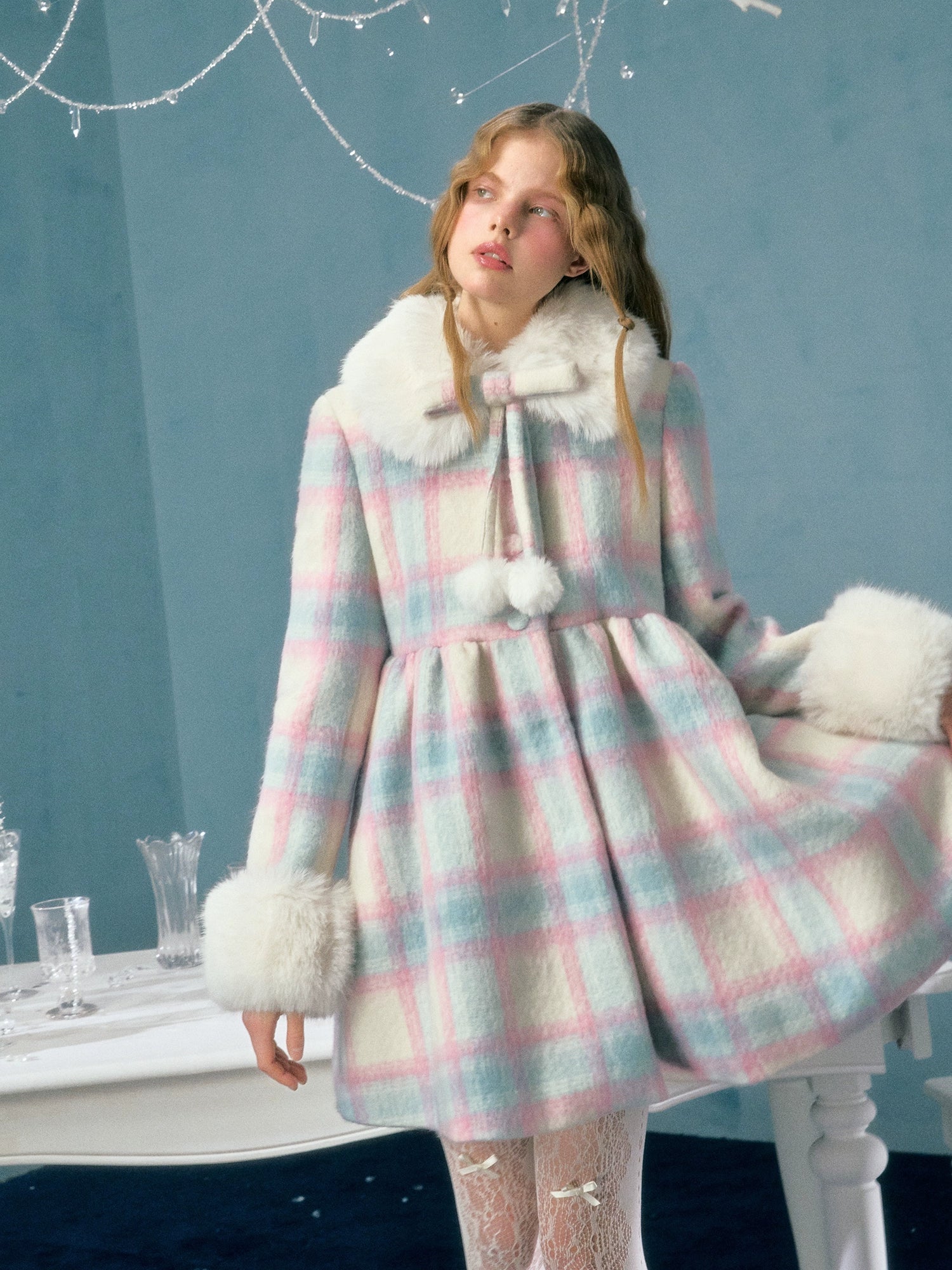 Plaid Fur Collar Detachable Mid-length Coat