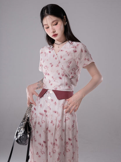 FloralPrint Cross Top 및 접힌 캐주얼 바지 설정