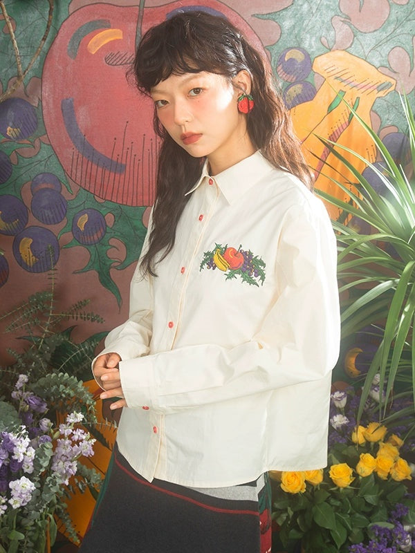 Fruit Embroidered Loose Long-sleeved Shirt