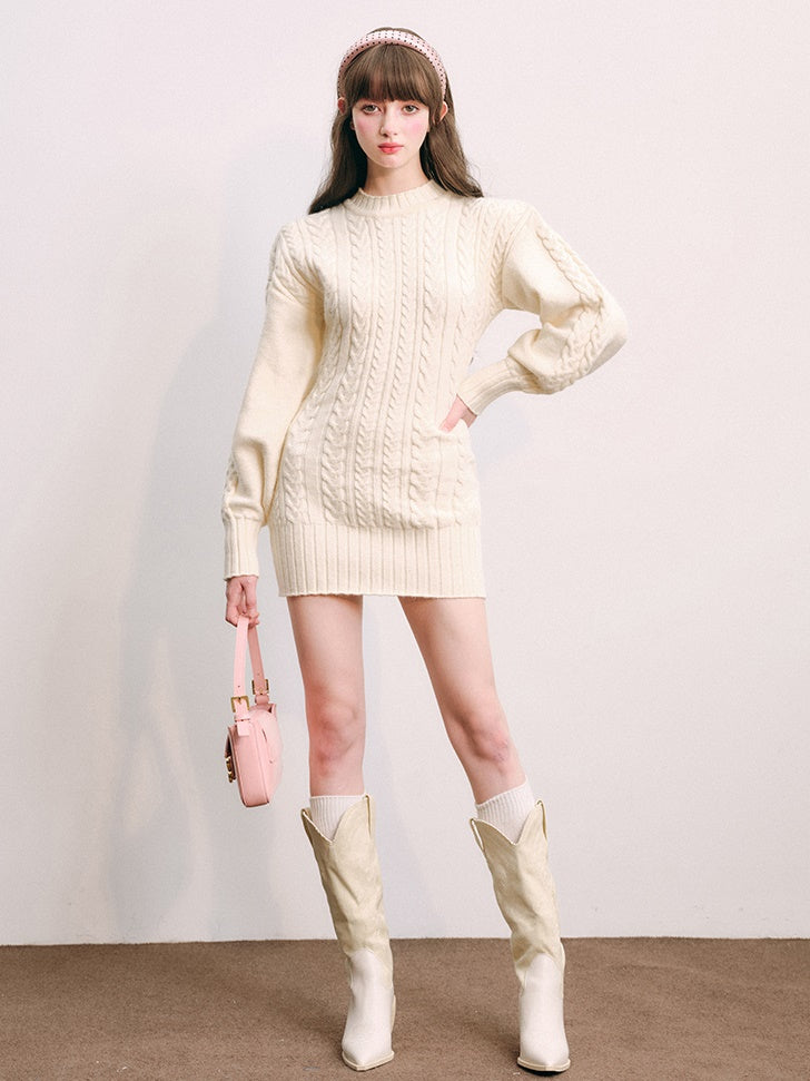 Slim Waist Long Sleeve Knitted One-piece