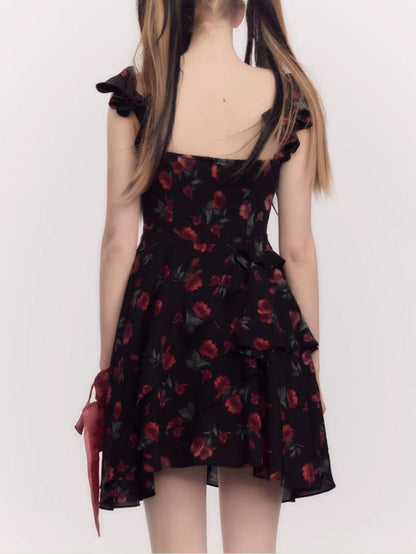 Rose Floral Belt Chest Strap Dress