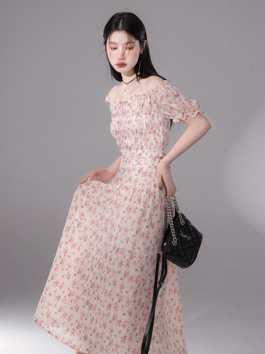 Rose Flower Ripples Pleated Top ＆ Curved Waist Skirt Set-up