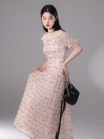 Rose Flower Ripples Pleated Top &amp; Curved Waist Skirt Set-up