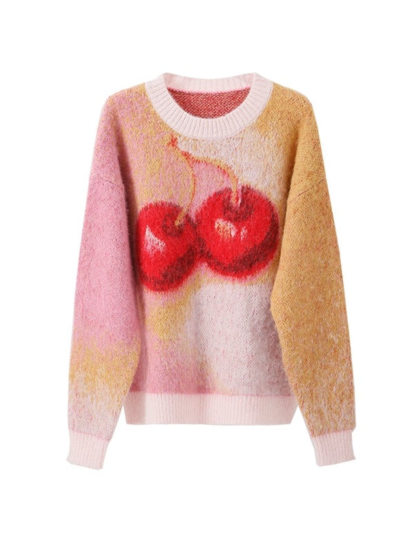 Cherry Gradient Jacquard Loose Pullover Sweater