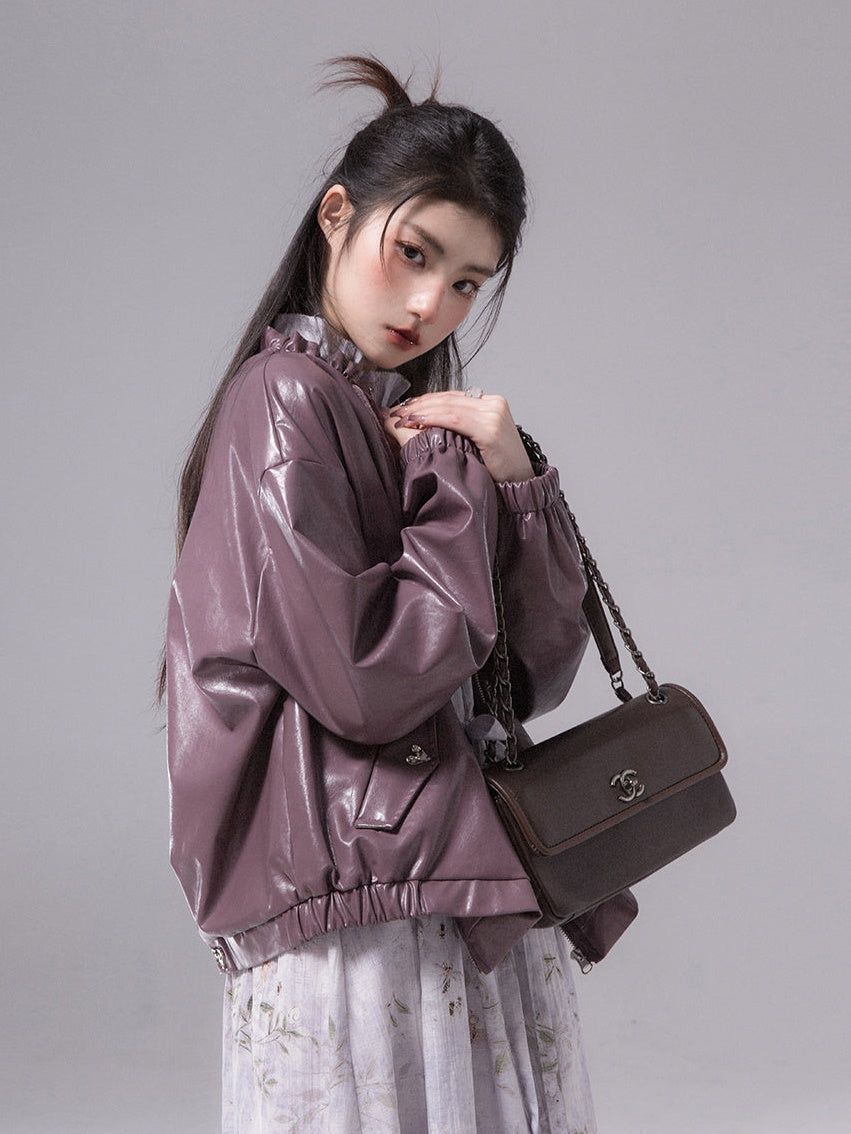 Drawstring Neck PU Leather Jacket